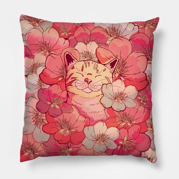 The cherry blossom cat Pillow by Swadeillustrations