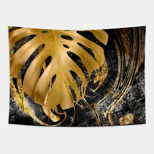 Black Gold marble and monstera Tapestry by GreekTavern