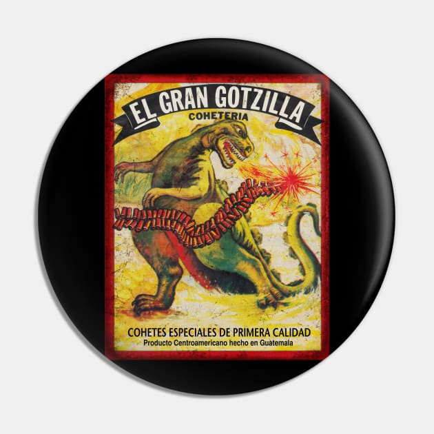 Godzilla Firecracker Poster Retro Pin by Cabezon