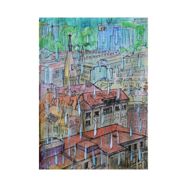 Watercolor Sketch - Genève, Saint-François from Champel on a Rainy Day by IgorPozdnyakov