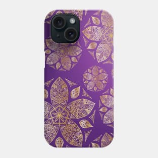 Mandala and Leaves Floral Pattern Gold Five Petal Flower on Purple Ombre Phone Case