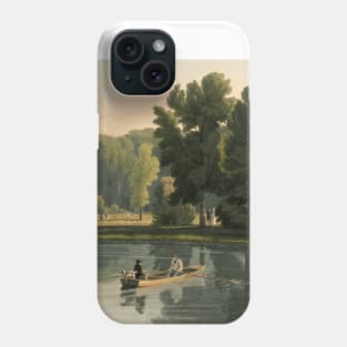 Men fishing in a lake with boat and dog Phone Case