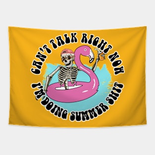 Funny Summer Flamingo Skeleton Pool Vacation Party Tapestry