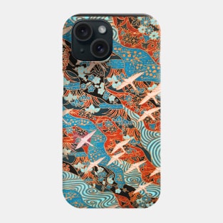 FLYING WHITE CRANES ON BLUE WATERS AND SPRING FLOWERS Red Teal Japanese Floral Phone Case