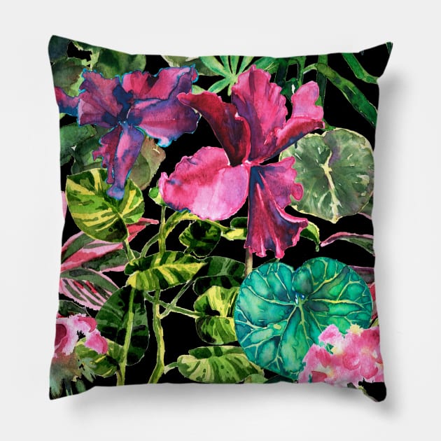 Seamless tropical flower, plant and leaf pattern background Pillow by Olga Berlet