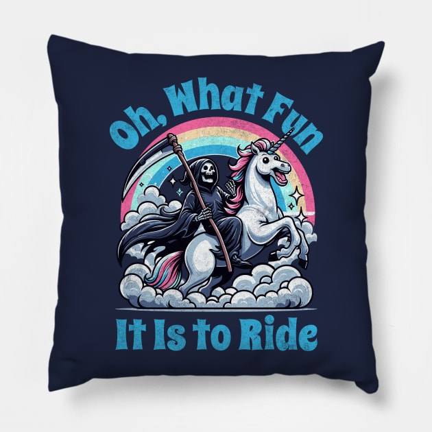 Oh What Fun It Is to Ride - Grim Reaper Unicorn on Rainbow Clouds Pillow by Lunatic Bear