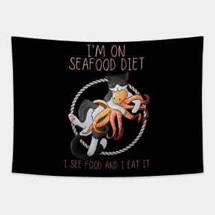 I’m on seafood diet - Tuxedo cat with an Octopu Tapestry