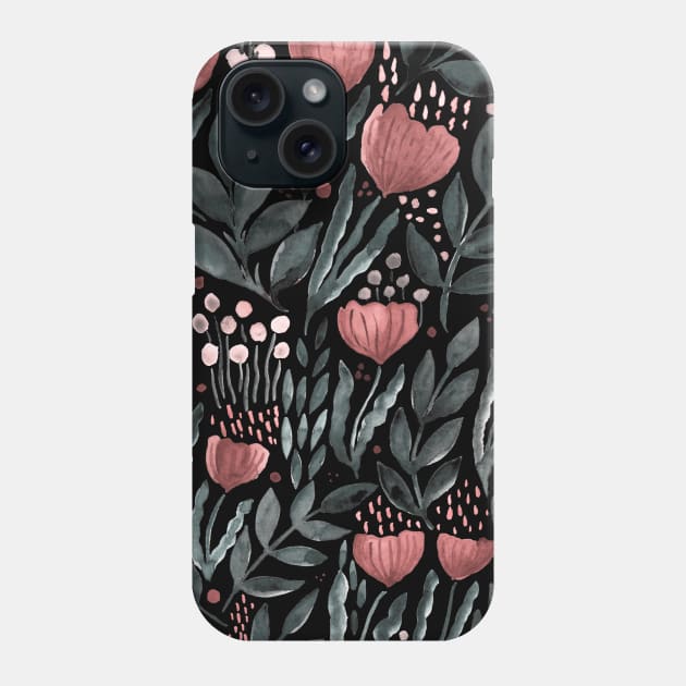 Watercolor flower garden -  dusty pink and grey on dark background Phone Case by wackapacka