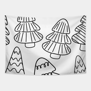 Black Outline Christmas Tree Doodle Pattern on White Background, made by EndlessEmporium Tapestry