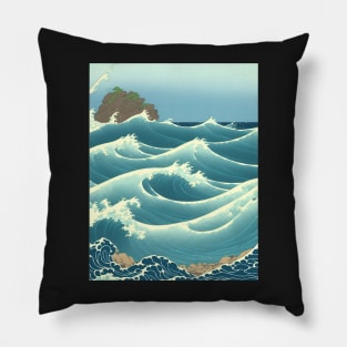 Ukiyo-e Japanese Art - Waves Crashing Against a Rocky Shoreline Pillow