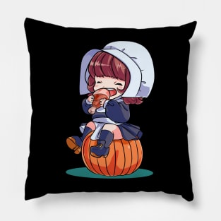 Funny Thanksgiving Pilgrim Girl Pumpkin Turkey day Pillow