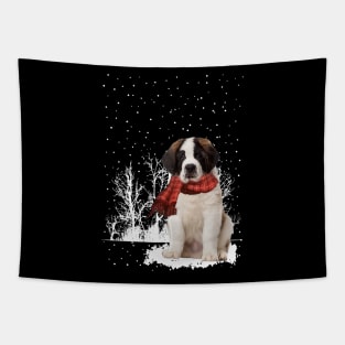 Christmas Saint Bernard With Scarf In Winter Forest Tapestry