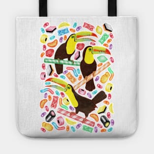 Toucandy - rainbow gummies, jelly beans and licorice surround tropical toucans on candy canes Tote