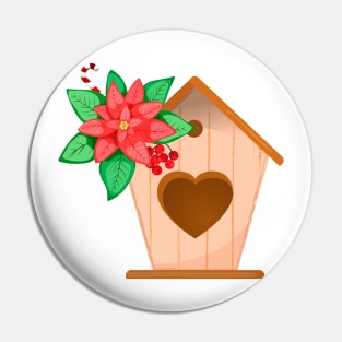 Poinsettia and birdhouse Pin