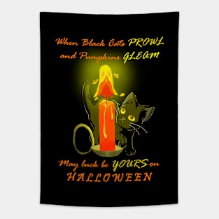 Curious Black Cat with Ghost Candle Tapestry