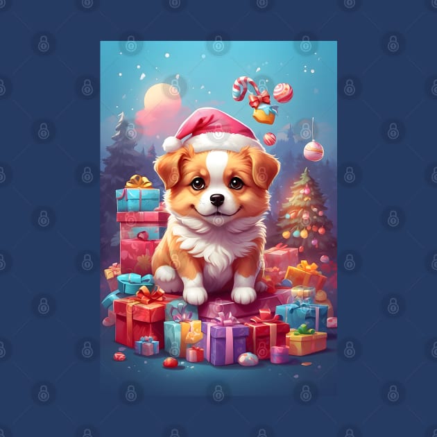 Cute Puppy with Santa Hat and Christmas Gifts by Leon Star Shop