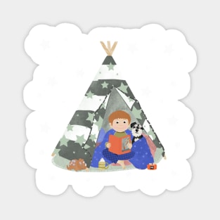 Little boy in a teepee den with story book and puppy surrounded by stars Magnet