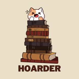 Cute kawaii cat hoarding a stack of books T-Shirt