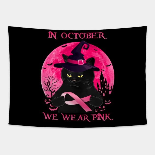 Black Cat In October We Wear Pink Halloween Tapestry by Magazine