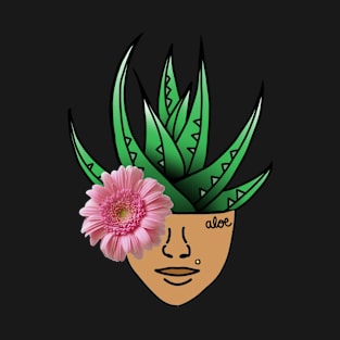 Aloe Plant on a Surreal Human Face, Wearing a Pink Gerber Daisy Eyepatch. T-Shirt