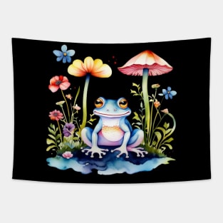 Cottagecore Frog With Mushroom And Flowers Tapestry