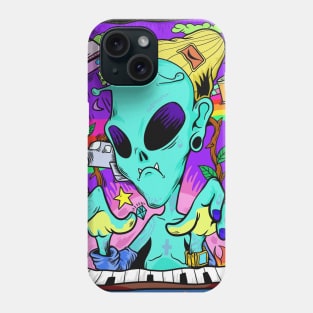 Dope space alien character rocking piano keyboard illustration Phone Case