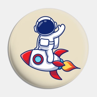 Cute Astronaut Riding Rocket And Waving Pin