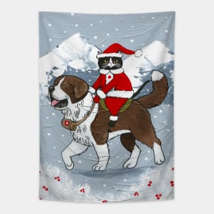 Christmas Cat Saint Bernard Ride Tapestry