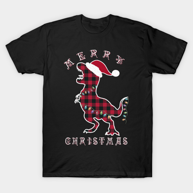 Red Plaid Dinosaur T Rex Christmas Lights Pajamas - Christmas Trex - T-Shirt