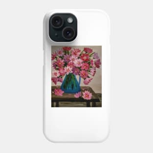 Abstract red and pink flowers im a metallic blue jug vase . On a table Phone Case