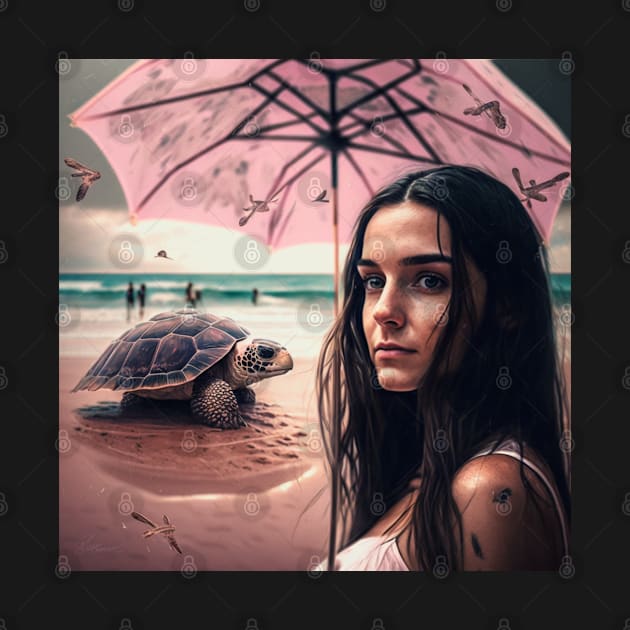 Beach Daydream - Woman with pink umbrella and a turtle in the beach. by Stitch & Stride