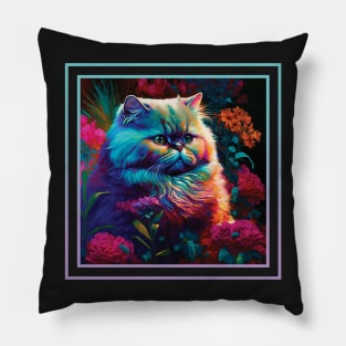 Delicate Persian Cat Vibrant Tropical Flower Digital Oil Painting Portrait Pillow