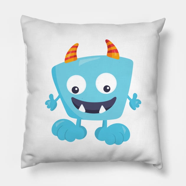 Cute Monster, Blue Monster, Funny Monster, Horns Pillow by Jelena Dunčević