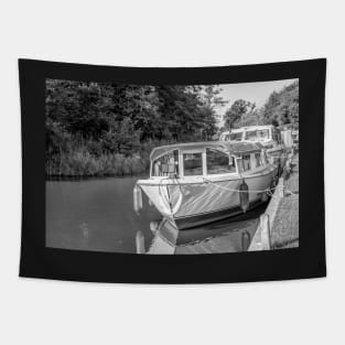 Front on view of holiday boat moored up on the Norfolk Broads Tapestry