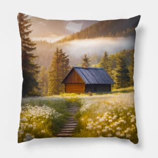 cottage in the fir forest Pillow