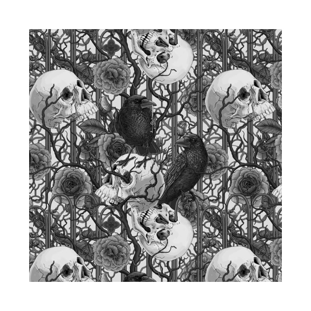 Raven's secret. Dark and moody gothic illustration with human skulls and roses, monocrome on white by katerinamk