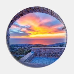 The sunset from the medieval mastic village of Avgonyma on the island of Chios, Greece Pin