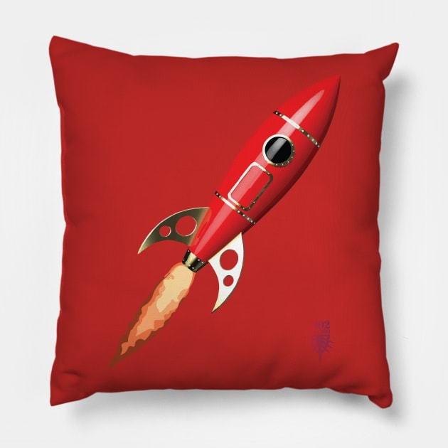 Red Retro Rocket Pillow by at1102Studio