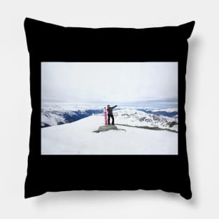 Snowboarding woman on snow Long Pillow