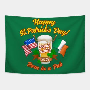 Shamrocks Beer Mug St. Patrick's Day Irish And American USA Flags Tapestry