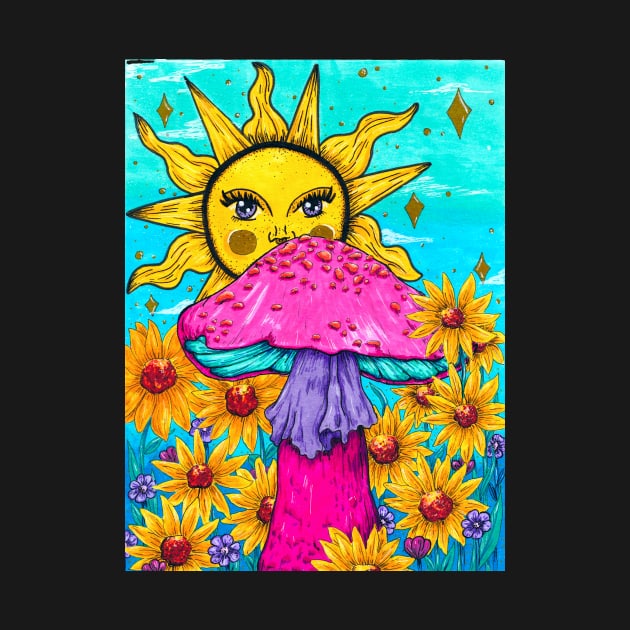 Hippie Sunflowers and Mushroom - Let The Sunshine In by rosiemoonart