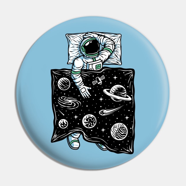 Dreaming of Outer Space // Funny Astronaut Sleeping with Universe Bed Sheets Pin by SLAG_Creative