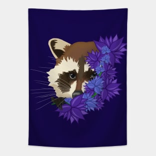 Charming raccoon with purple flowers Tapestry