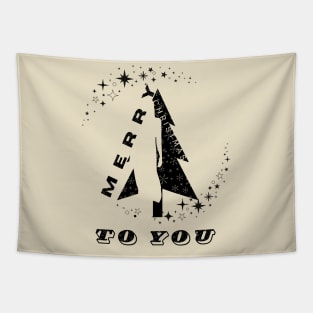 Merry Christmas to you black Christmas tree with snowflakes and a silhouette of a woman among black and white stars in a minimalist black and white Christmas composition Tapestry