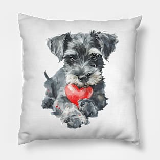 Valentine Miniature Schnauzer Holding Heart Pillow