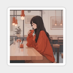 Cute girl drink coffee in a tiny coffee shop Magnet