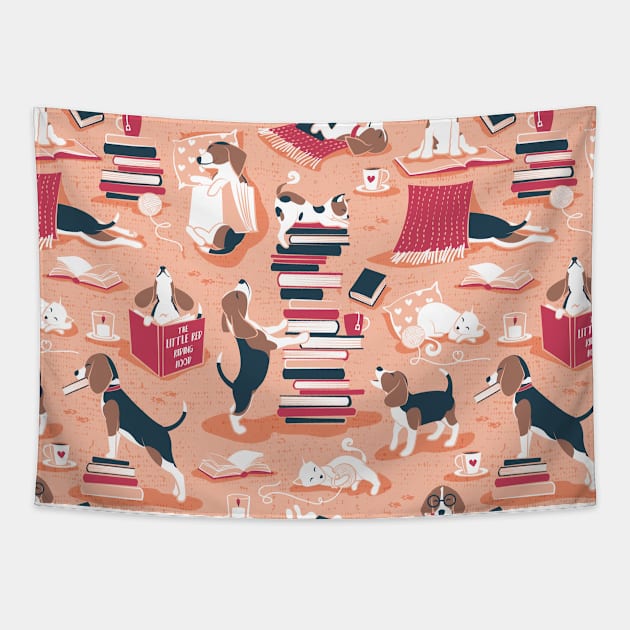 Life is better with books a hot drink and a friend // pattern // coral background brown white and blue beagles and cats and red cozy details Tapestry by SelmaCardoso