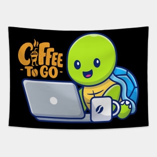 Cute Coffee Lover Anime Turtle Illustration Tapestry