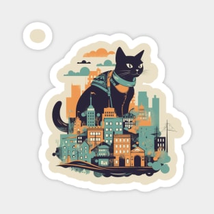 Black cat sitting in front of a colourful city Magnet