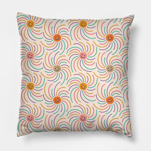 Cute boho illustration of happy suns with smiling faces dancing around. Pillow by EliveraDesigns
